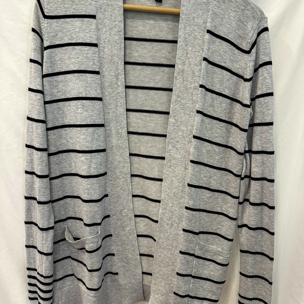 Open Front Gray and Black Striped Women’s Sweater - Express